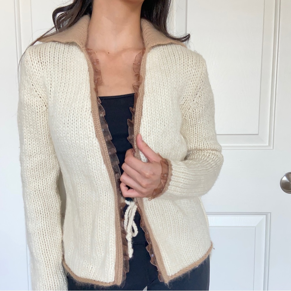 Cream Cardigan with Brown Ruffle - Picture 3 of 12